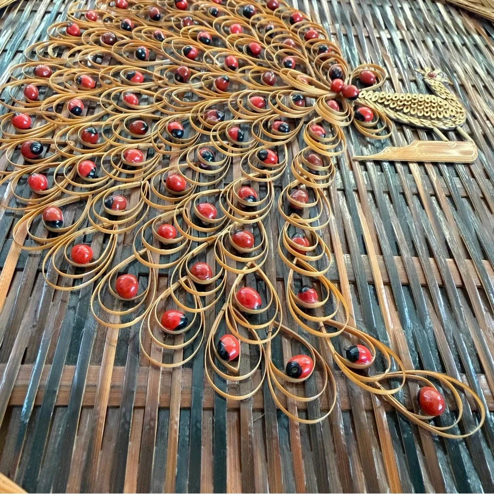 Vintage 70s Wicker Peacock Wall Hanging 14" - Boho Rattan & Cane Folk Art - Picture 6 of 9